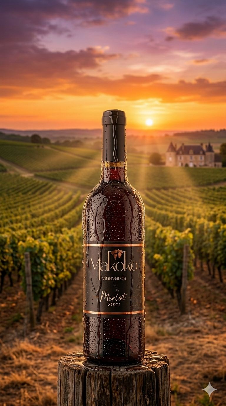 כרמי מאקוקו — מרלו על רקע כרמים בשקיעה